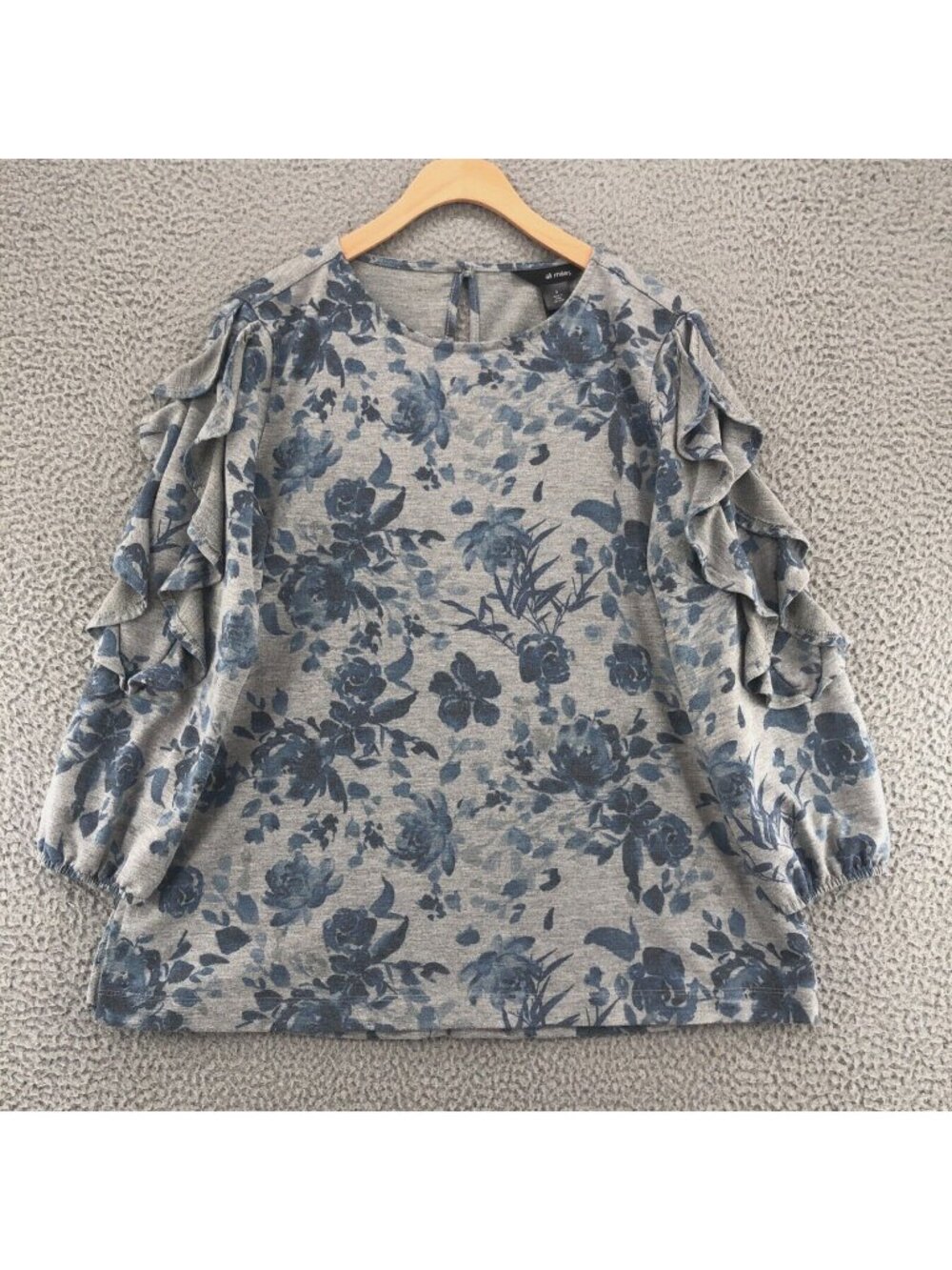 Ali Miles Top Womens Small Blue Floral Ruffle 3/4 Balloon Sleeves Knit Stretch